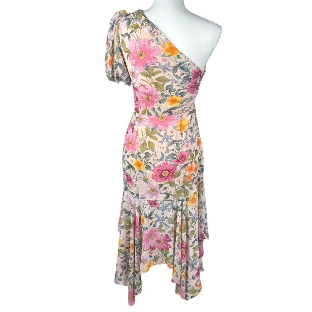 Astr One-Shoulder Floral Asymmetrical Midi Dress in Pink and Yellow - Picture 2 of 11
